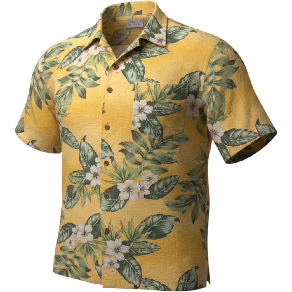 Bermuda Bay Mens XL Silk‎ Hawaiian Shirt Yellow Floral Tropical Camp Button Up